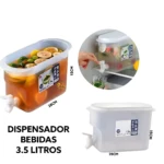 Dispensador de bebidas de 3.5 litros con grifo integrado, en color blanco translúcido, mostrando versión con líquido y frutas, dimensiones 28x15 cm.
