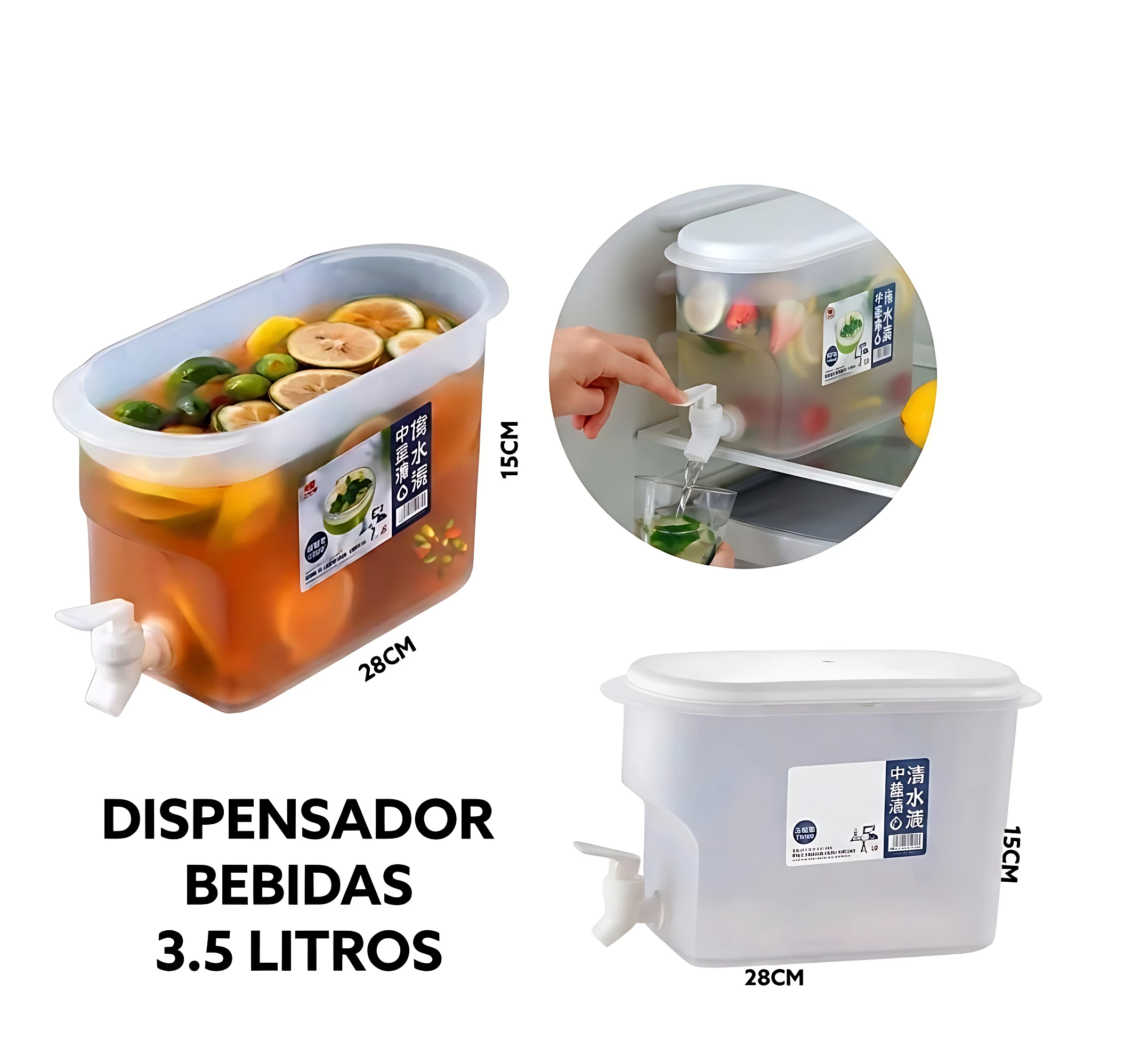 Dispensador de bebidas de 3.5 litros con grifo integrado, en color blanco translúcido, mostrando versión con líquido y frutas, dimensiones 28x15 cm.