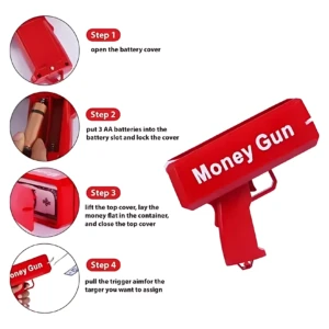 Dispensador de billetes rojo en forma de pistola, con instrucciones de montaje y uso. Incluye tapa superior, ranura para monedas y gatillo para disparar billetes. Ideal para fiestas y eventos.