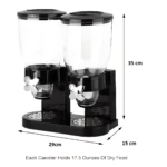 Dispensador de cereales negro con dos recipientes de vidrio, dispensador manual y medidas visibles de 29x15x35 cm.