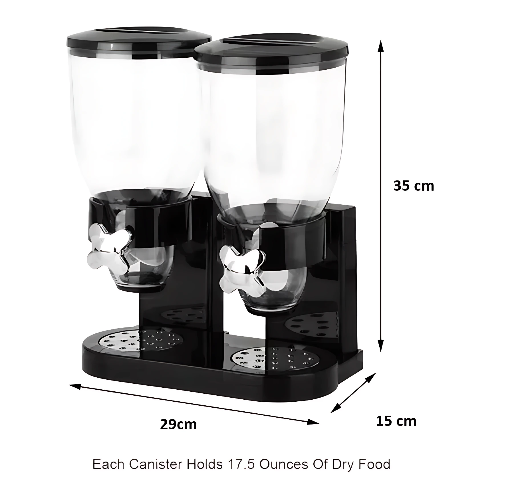 Dispensador de cereales negro con dos recipientes de vidrio, dispensador manual y medidas visibles de 29x15x35 cm.