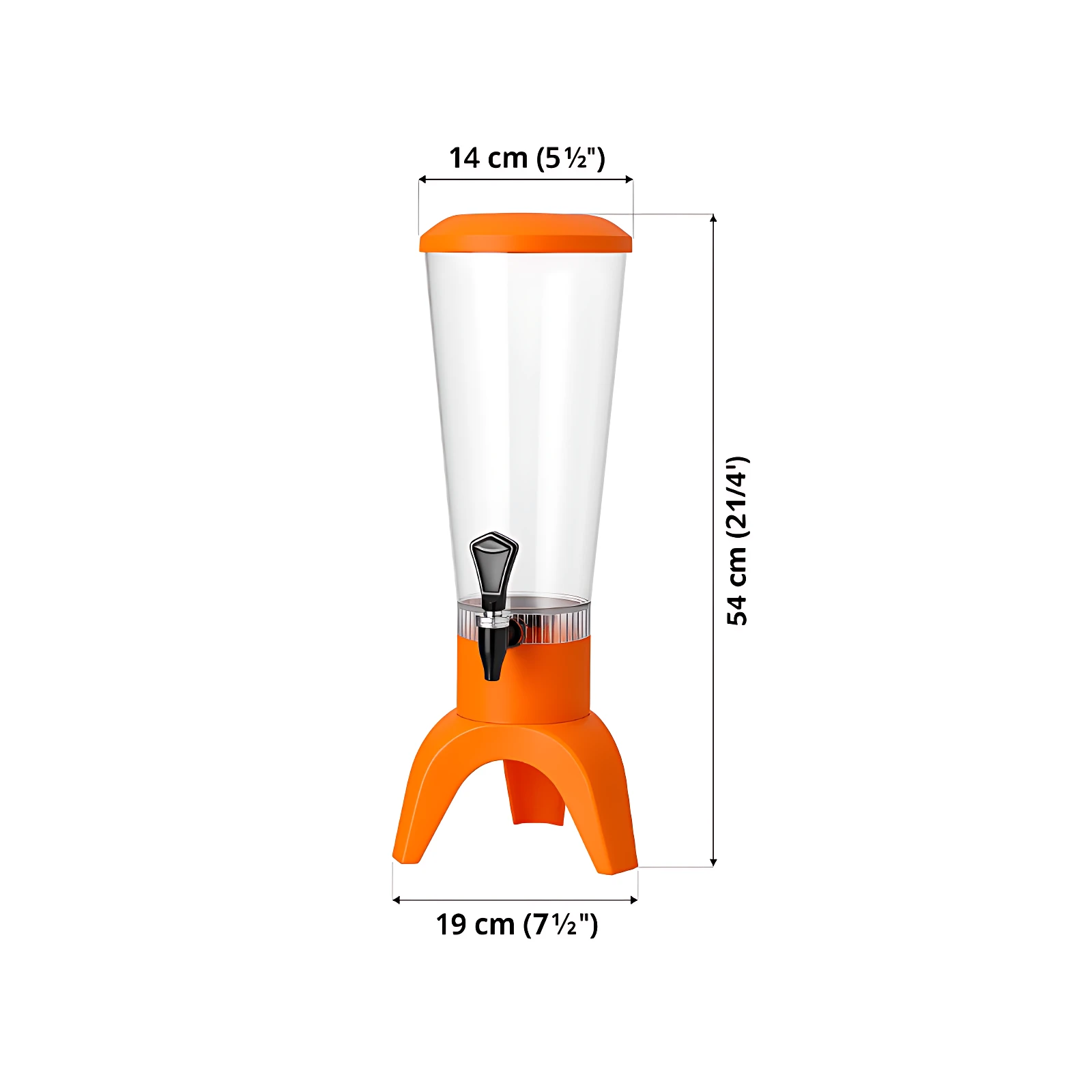 Dispensador de bebidas con base naranja y cuerpo transparente, con dispensador negro y medidas de 54 cm de altura y 19 cm de ancho.