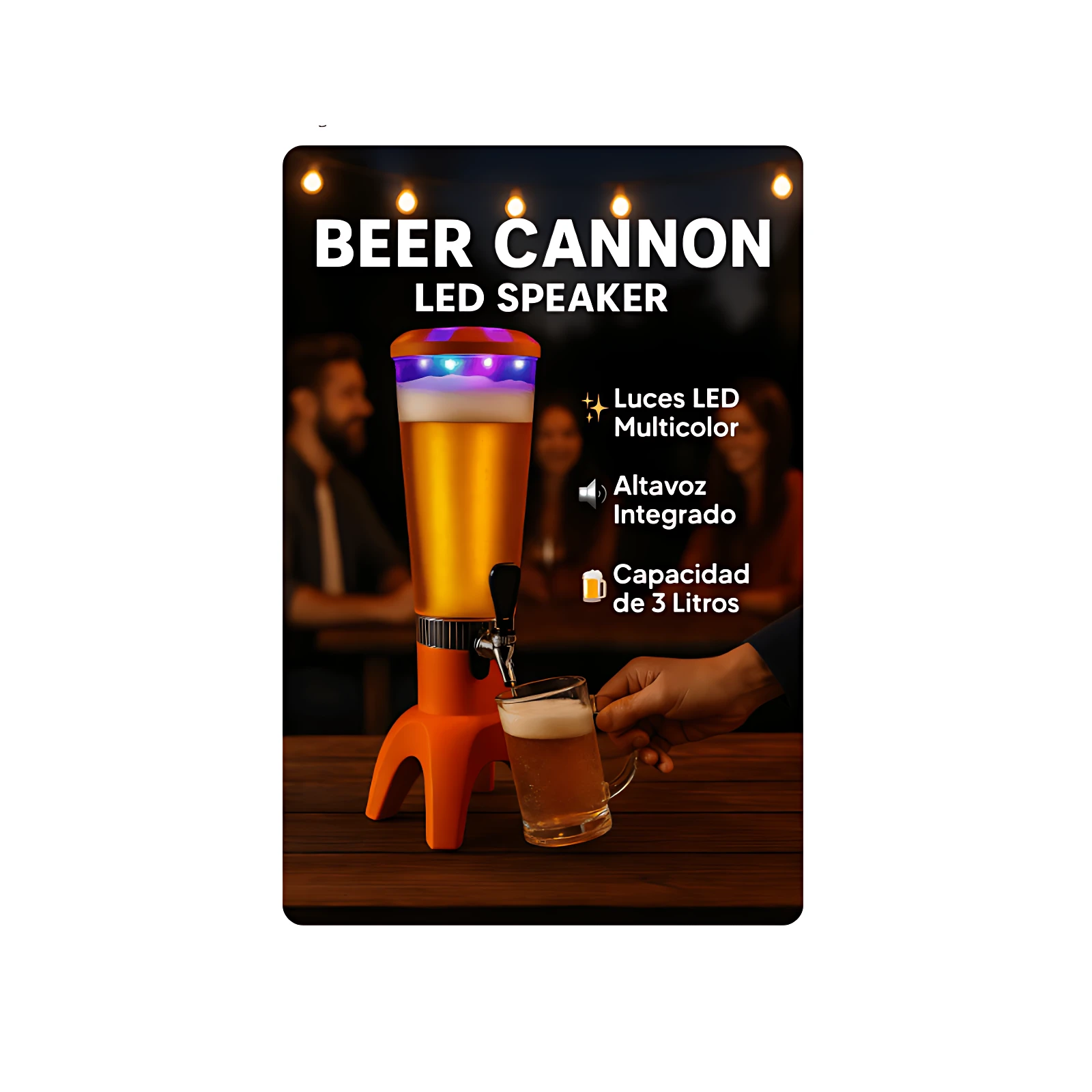 Dispensador de cerveza naranja con luces LED multicolor y tapón brillante, sobre mesa de madera; mano sirviendo bebida en vaso.