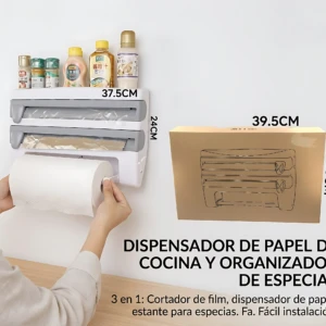Dispensador de cocina blanco con estante superior para especias y cortador de film, mide 37.5 cm de ancho y 24 cm de alto, incluye papel higiénico enrollado.