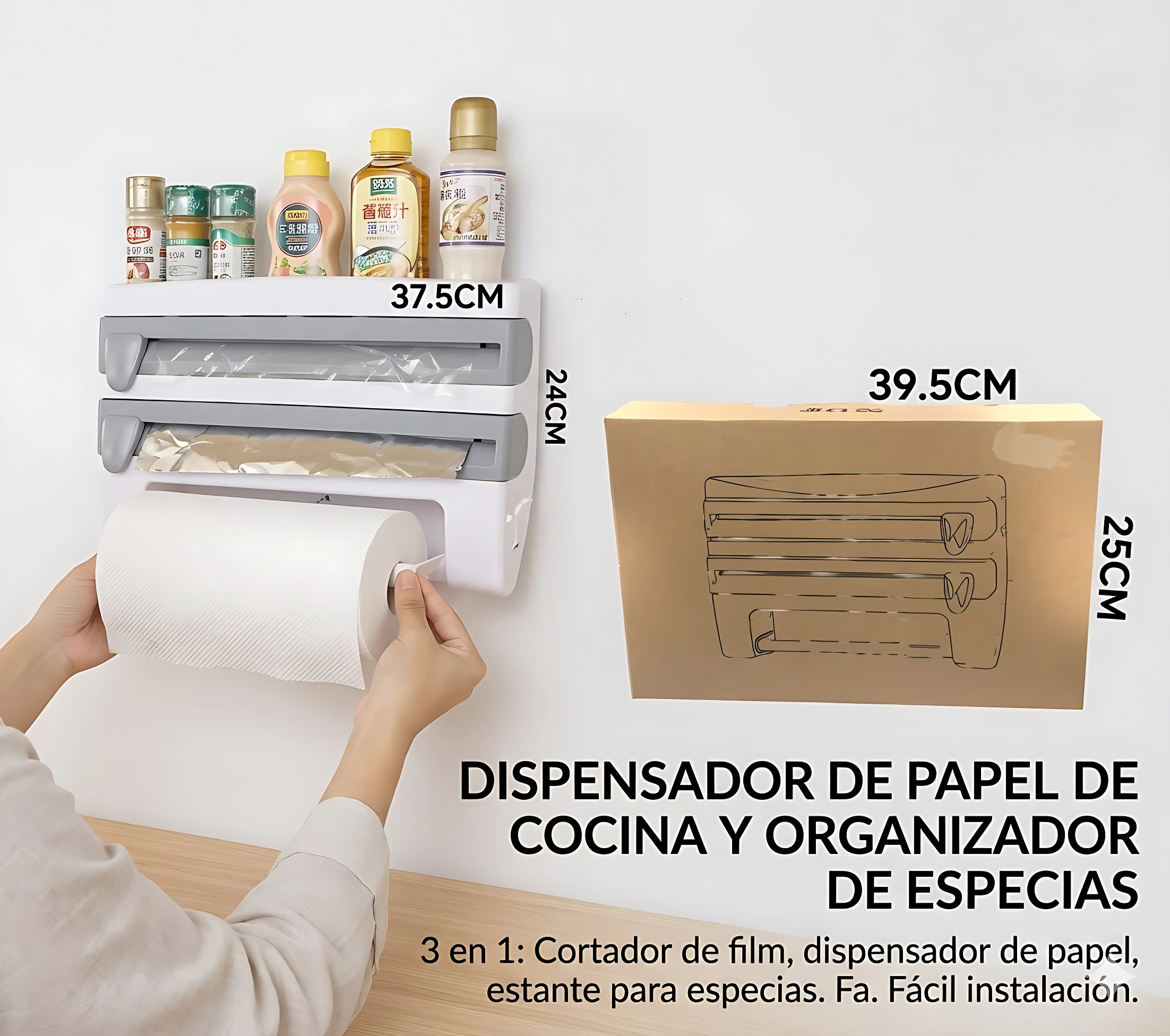 Dispensador de cocina blanco con estante superior para especias y cortador de film, mide 37.5 cm de ancho y 24 cm de alto, incluye papel higiénico enrollado.