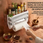 Dispensador de cocina blanco con estante superior, cortador integrado y rollo de papel desechable siendo cortado con tijeras.