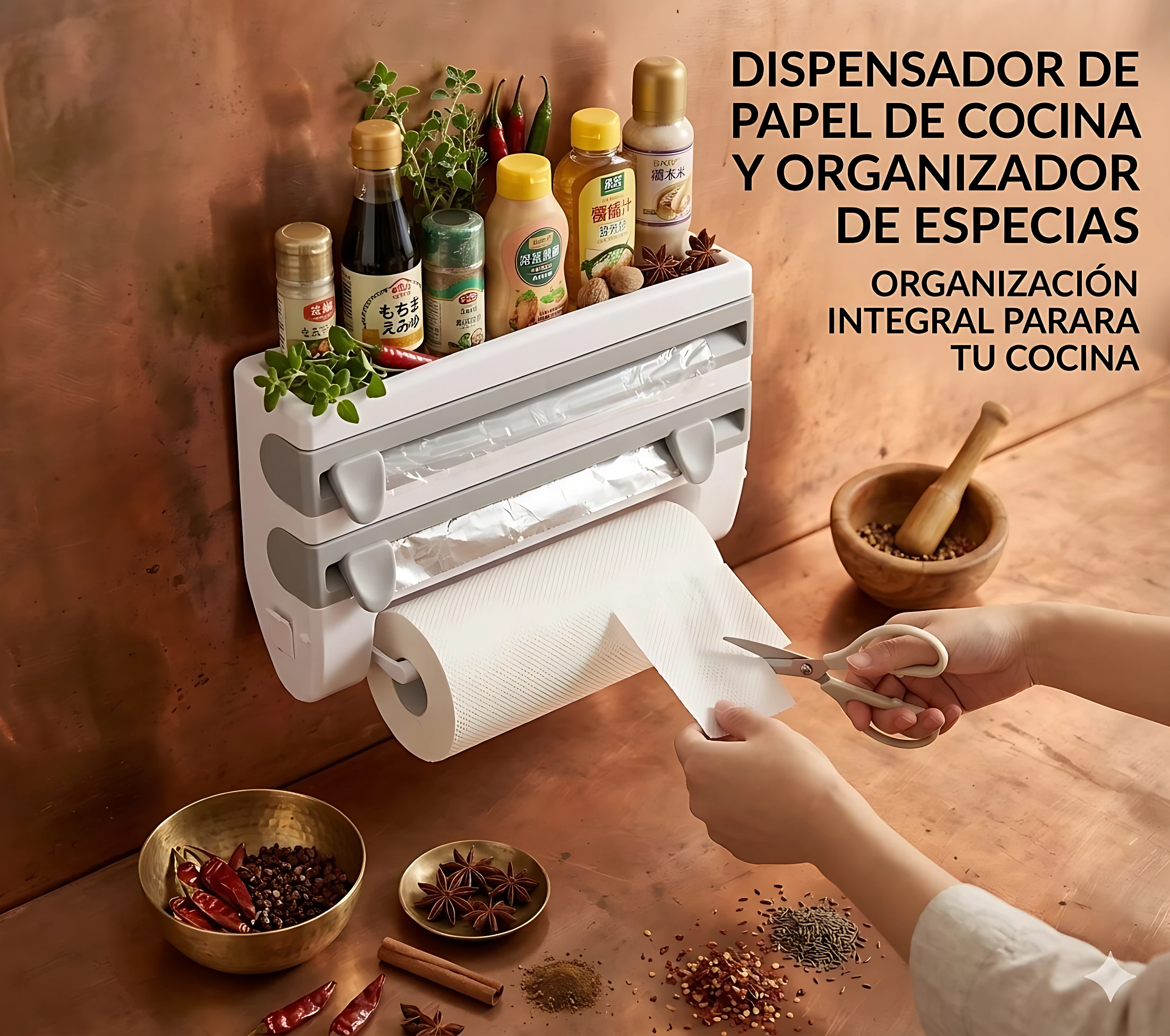 Dispensador de cocina blanco con estante superior, cortador integrado y rollo de papel desechable siendo cortado con tijeras.