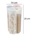 Dispensador de granos hermético de 4 espacios con tapa transparente, mide 14 cm de ancho y 25 cm de alto, contiene legumbres secas visibles en cada compartimento.