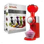 Dispensador de helado Swirlio en color rojo con base y embudo, mostrando helado morado en taza. Caja al lado con ilustraciones de postres y frutas.