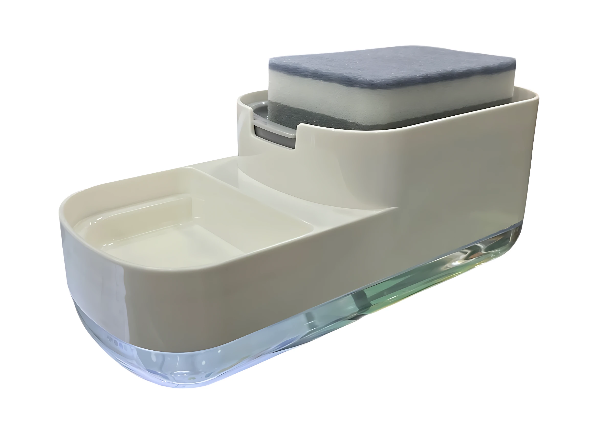 Dispensador de jabón Tama en color crema con base transparente y esponja azul sobre tapa superior, visto desde ángulo lateral.