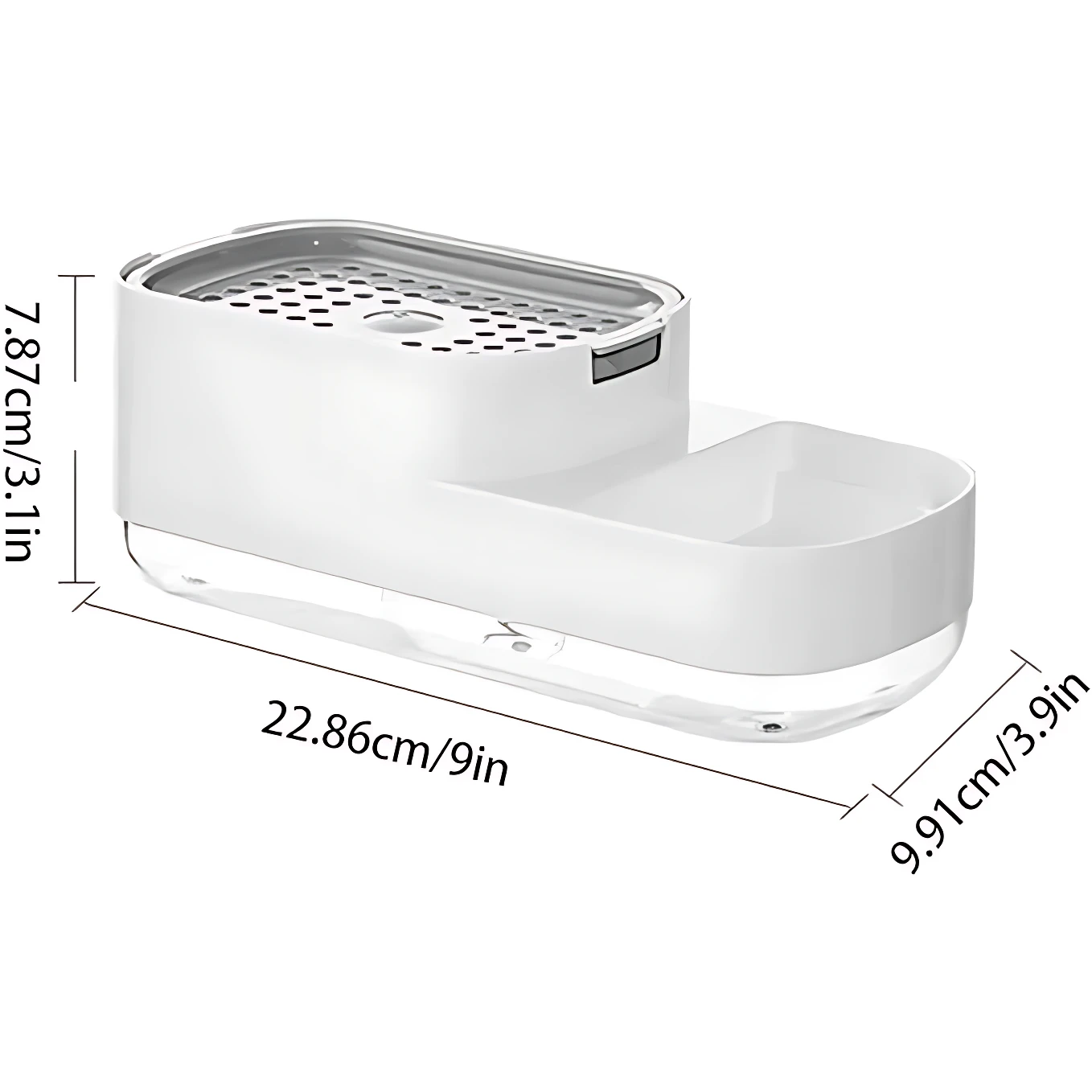 Dispensador de jabón Tama en blanco, con base transparente y bandeja superior perforada; mide 22.86 cm de largo, 9.91 cm de ancho y 7.87 cm de alto.