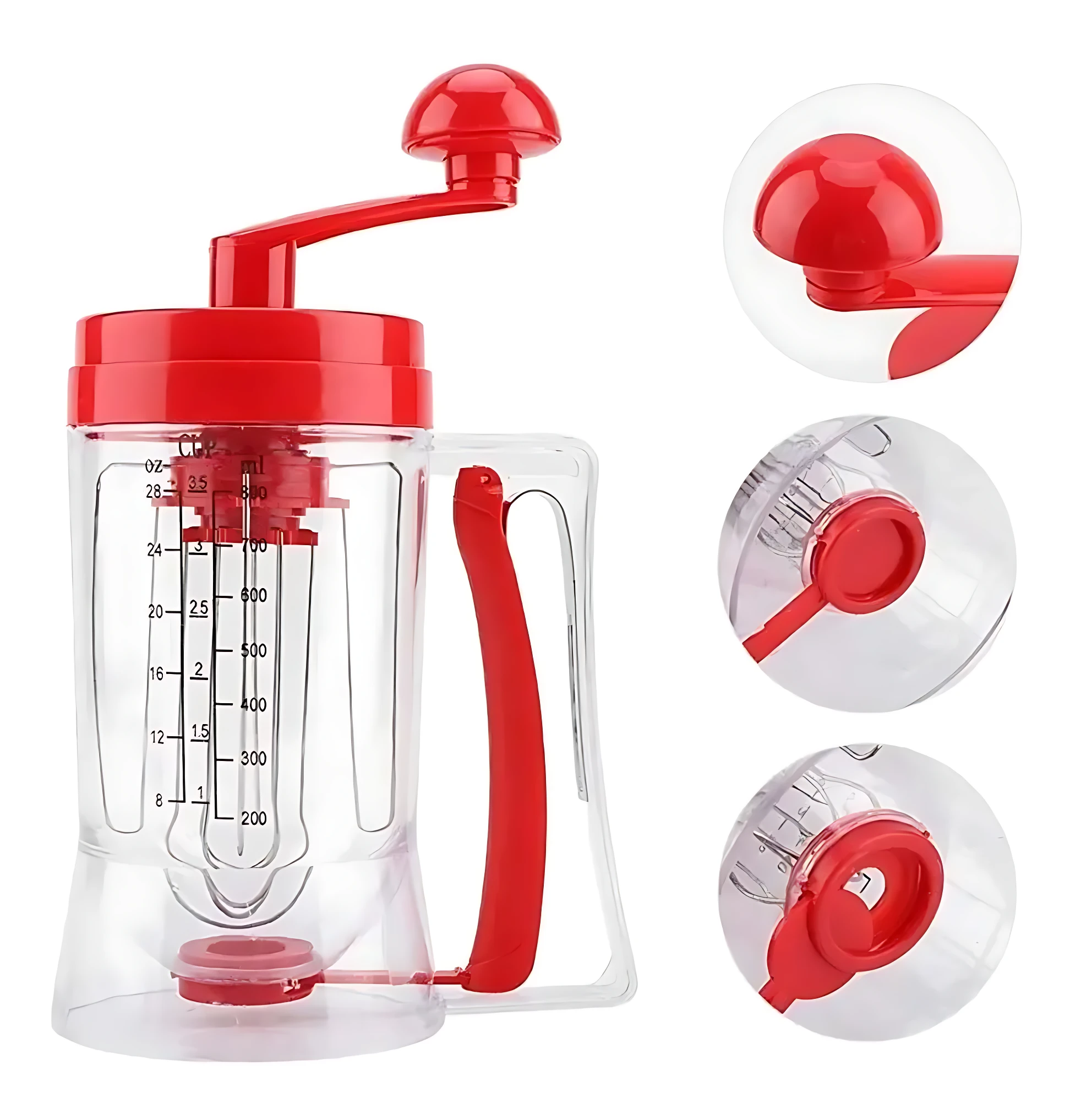 Dispensador de masa con mango rojo, medidor de volumen en mililitros y tres vistas de detalle del mecanismo de dispensación.