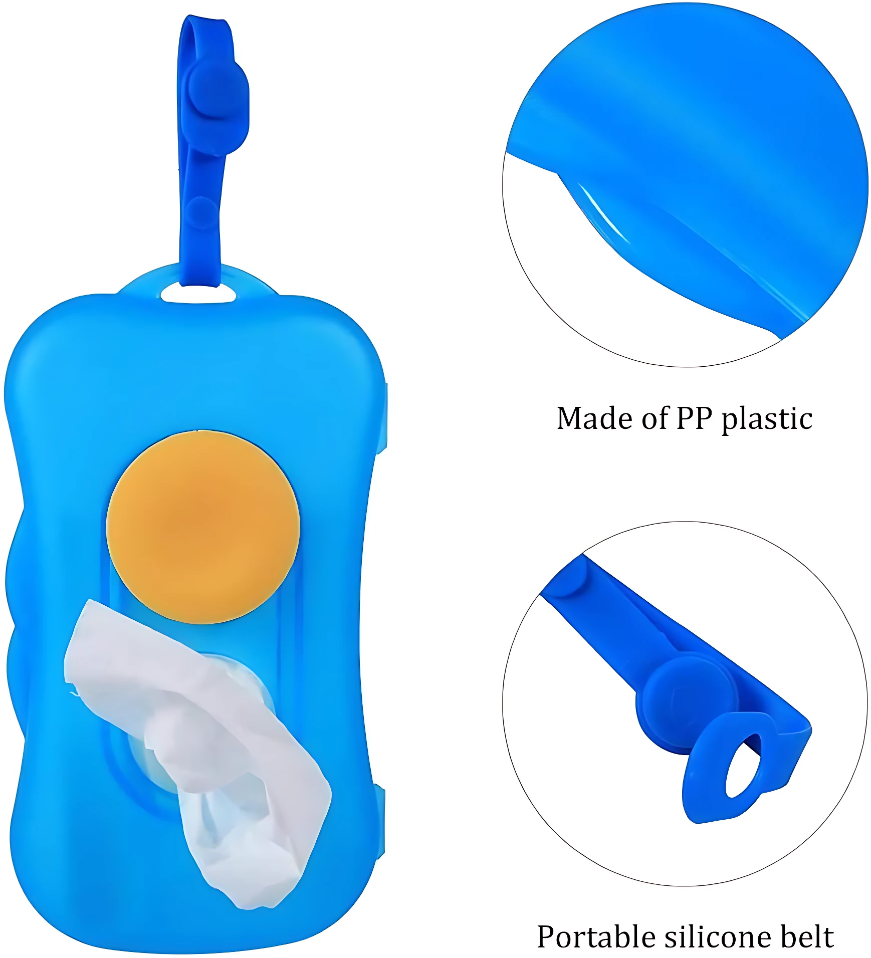 Dispensador de pañitos portátil en azul con asa de silicona y tapa circular amarilla, fabricado en plástico PP. Incluye pañito blanco parcialmente extraído.