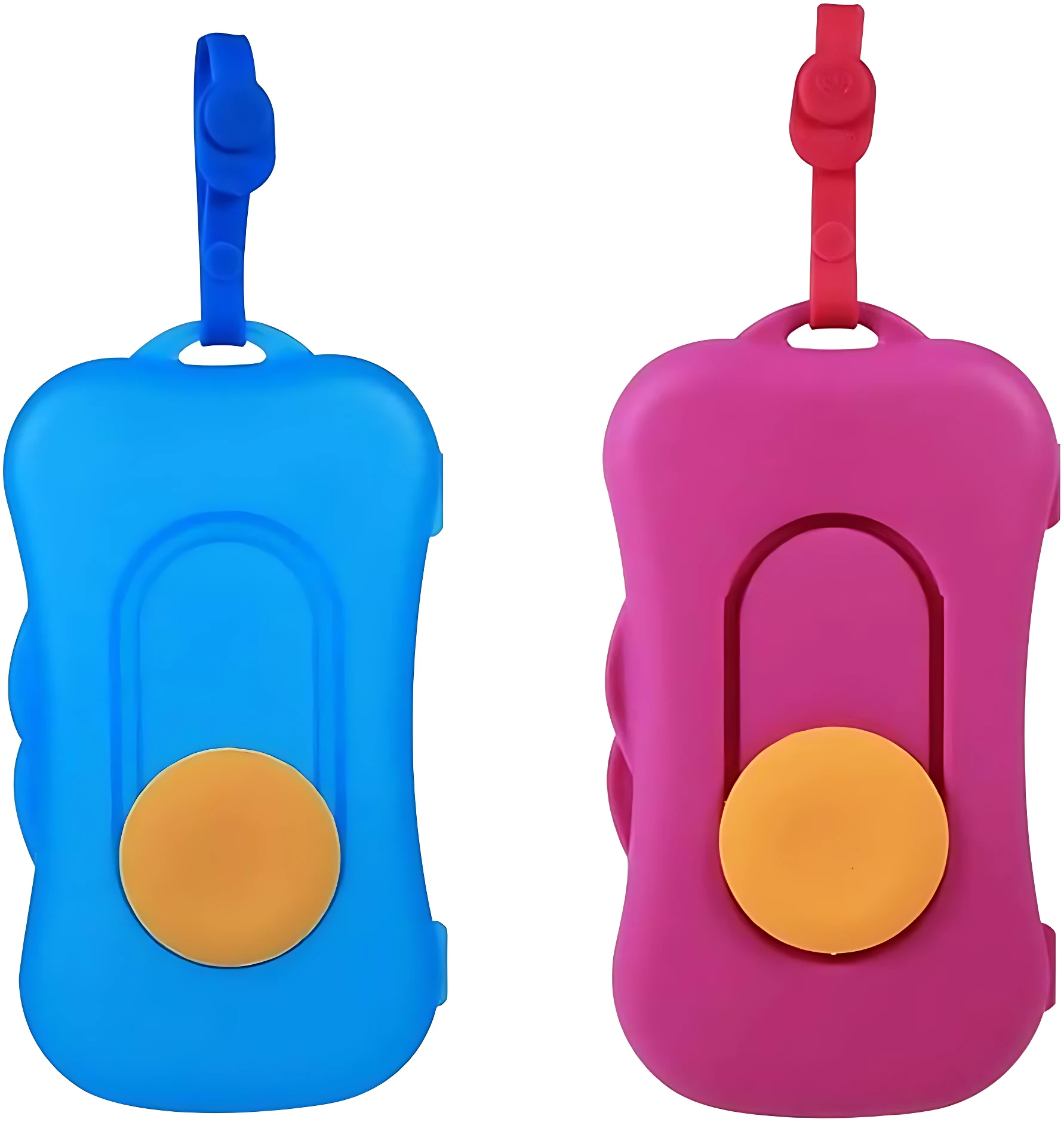 Dispensador de pañitos portátil en dos colores, azul y rosa, con diseño ergonómico y botón circular para facilitar el uso.