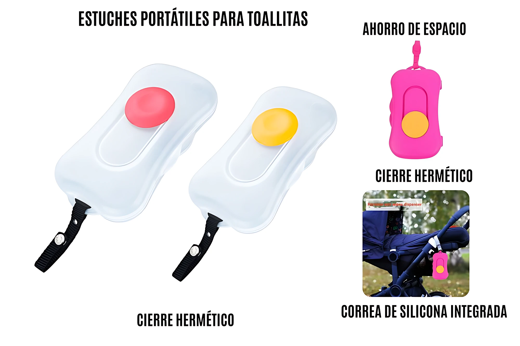 Dispensador portátil de pañitos en dos unidades, uno con tapa rosa y otro con tapa amarilla, ambos con cierre hermético y correa de silicona integrada para sujeción.