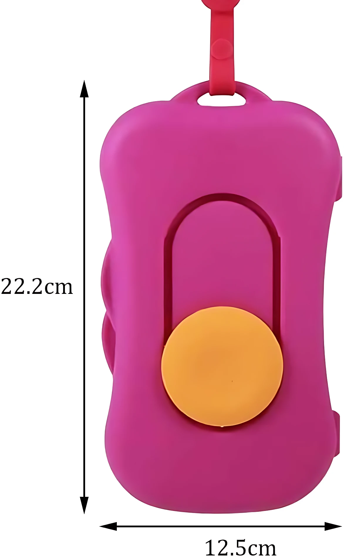 Dispensador de pañitos portátil en color rosa con botón amarillo, dimensiones de 22.2 cm de alto por 12.5 cm de ancho.