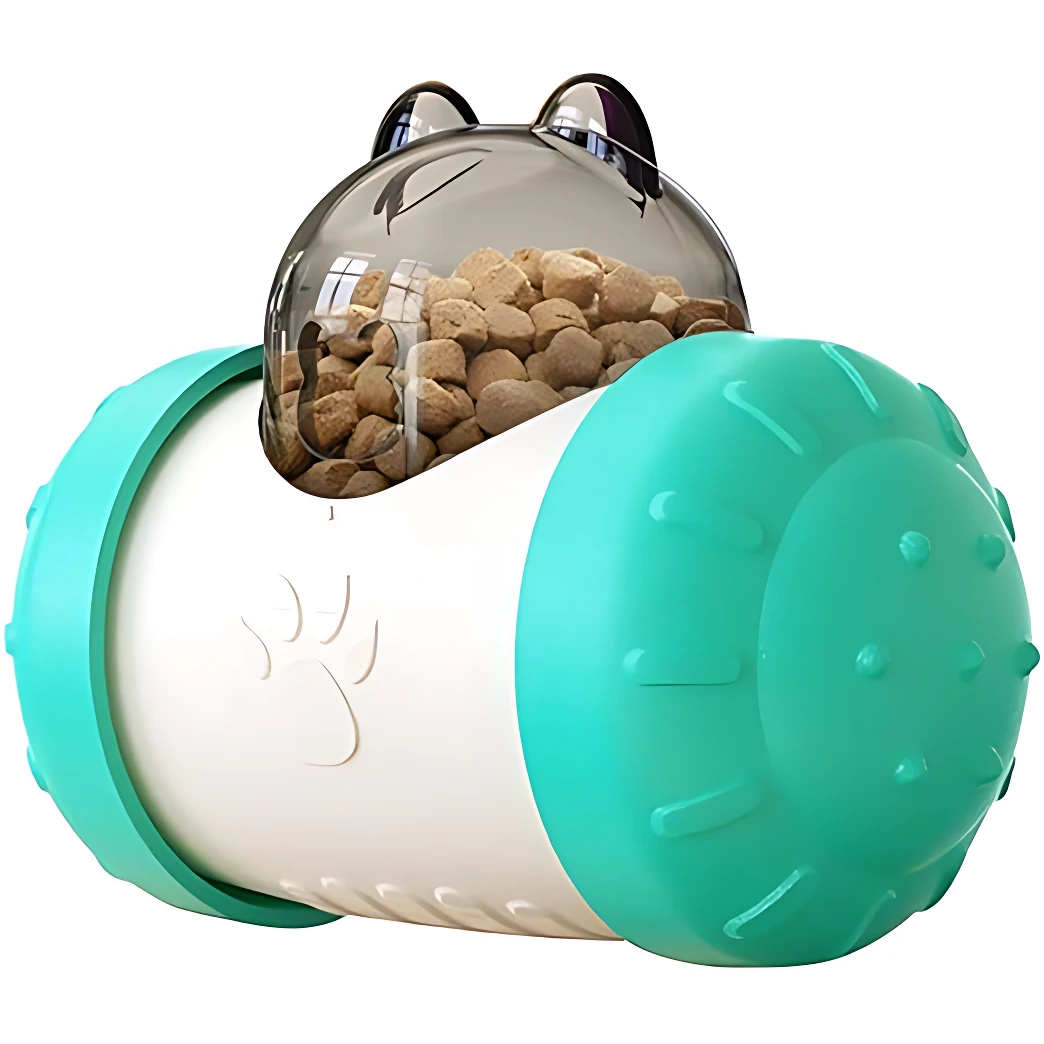 Dispensador interactivo para perros en forma de globo, con tapa transparente que muestra kibble, cuerpo blanco con huella y extremos en turquesa con textura antideslizante.