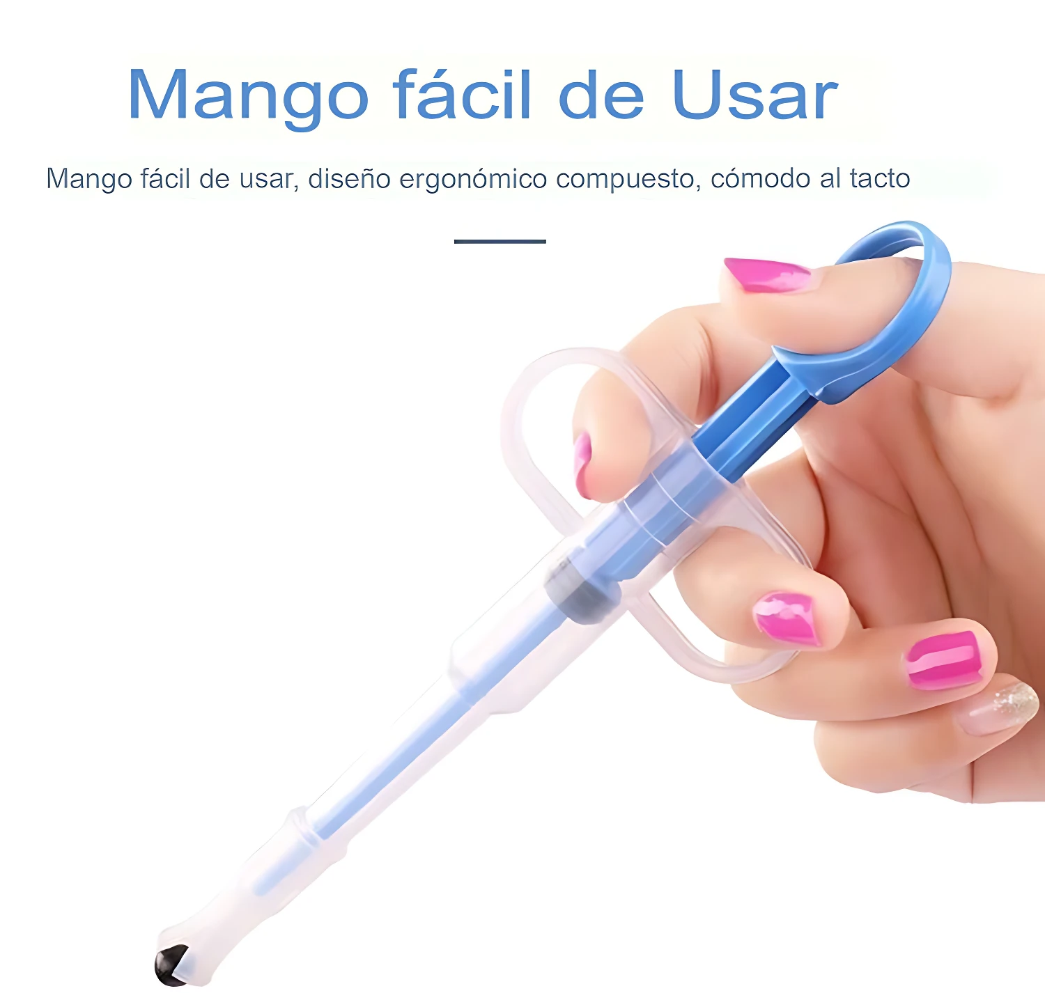 Dispensador de medicamentos para mascotas con punta flexible, cuerpo transparente y mango azul ergonómico, siendo sostenido por una mano con uñas pintadas de rosa.