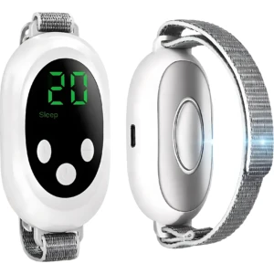 Dispositivo de pulso para dormir portátil con microcorrientes, pantalla digital mostrando "20 Sleep", correa de malla metálica y botón central.