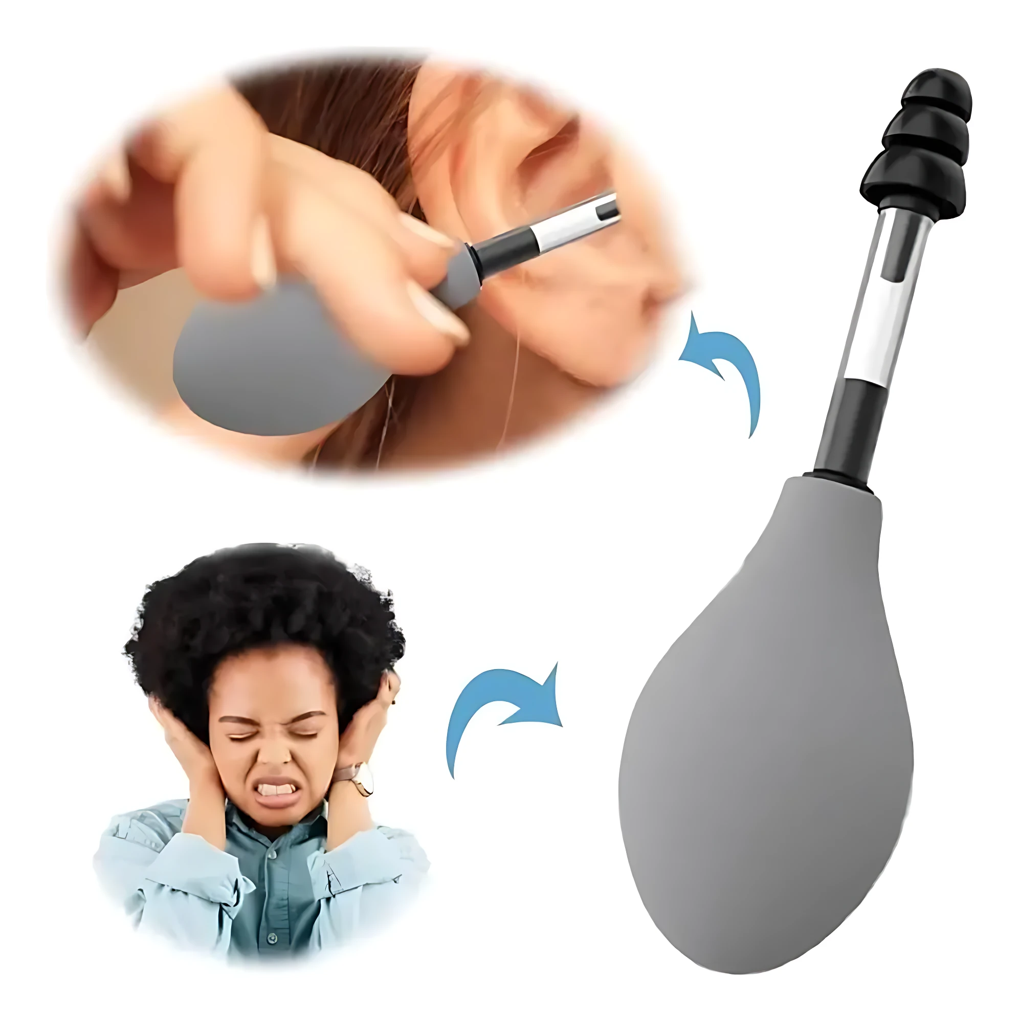 Dispositivo de presión neumática para oídos en color gris, con mango negro y punta flexible. Muestra su uso al insertarse en el canal auditivo y su aplicación para aliviar la tensión o el zumbido.