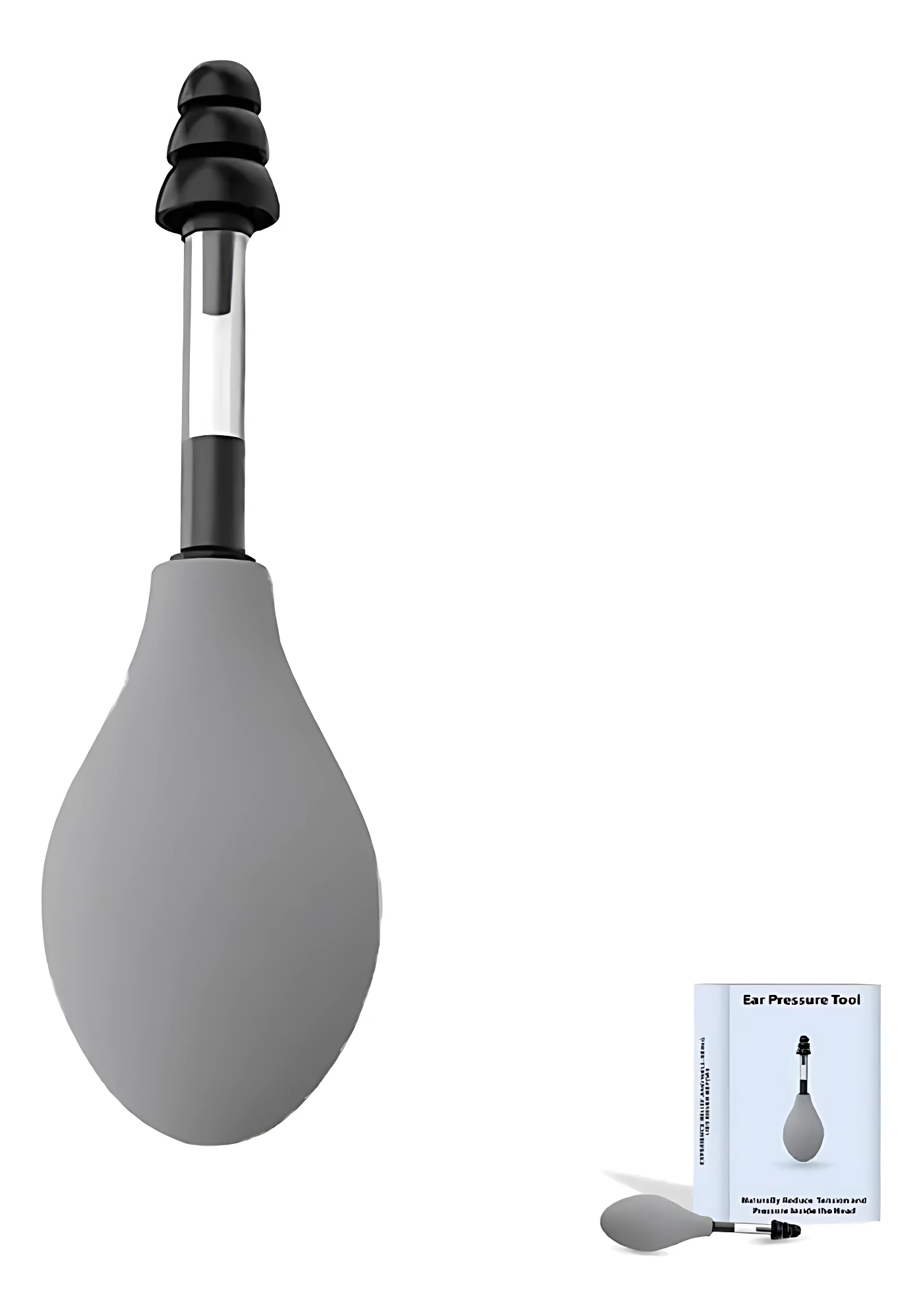 Dispositivo de presión neumática para oídos en color gris, con mango negro y bolsa inflable, acompañado de su caja y accesorio de limpieza.