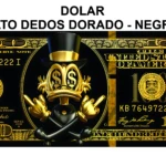 Cuadro decorativo Dólar Pato Dorado Negro, diseño de billete de 100 dólares con pato negro y detalles dorados, medidas 120x50 cm.