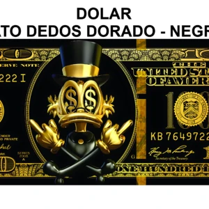 Cuadro decorativo Dólar Pato Dorado Negro, diseño de billete de 100 dólares con pato negro y detalles dorados, medidas 120x50 cm.