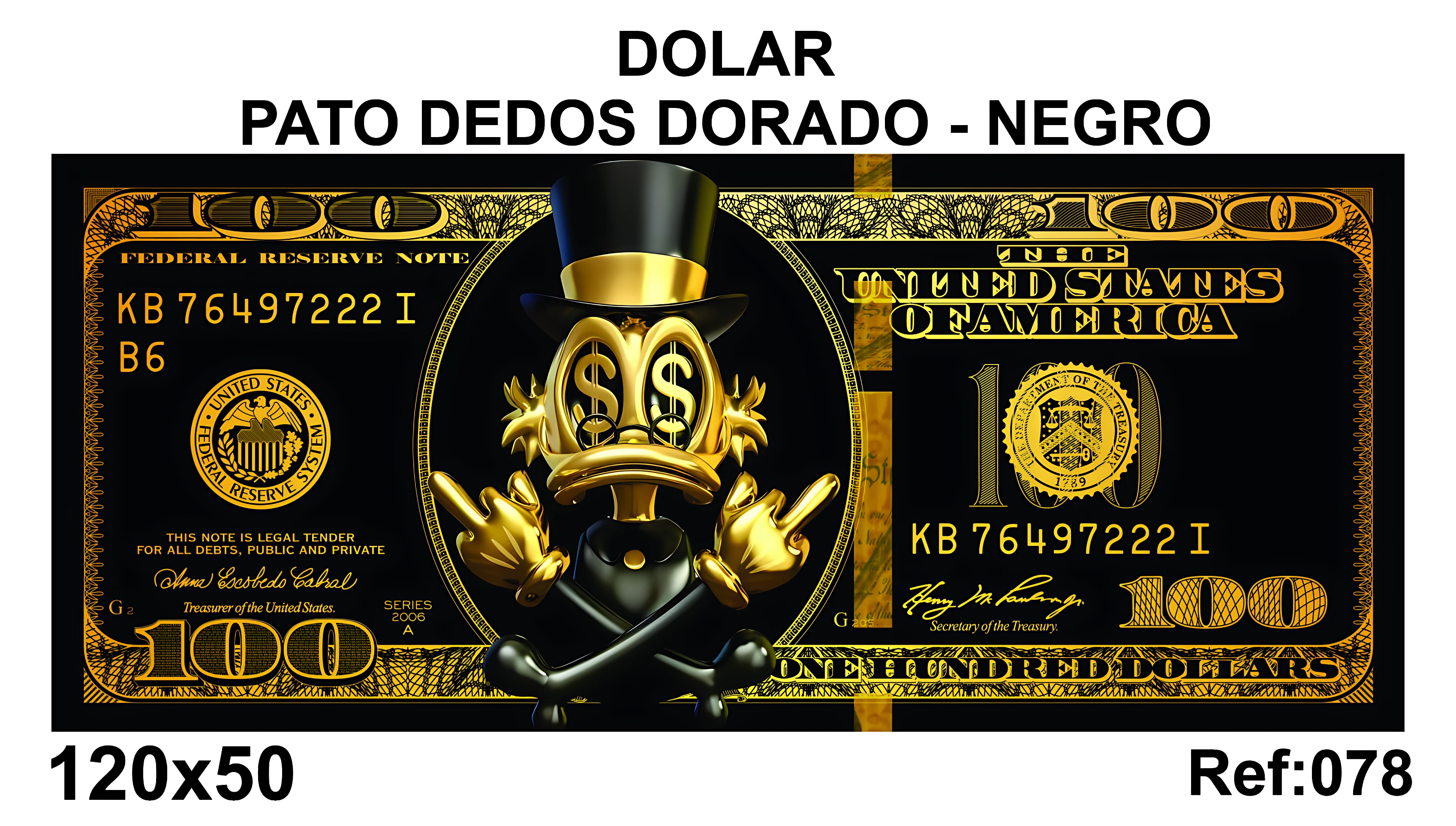 Cuadro decorativo Dólar Pato Dorado Negro, diseño de billete de 100 dólares con pato negro y detalles dorados, medidas 120x50 cm.