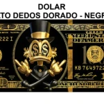 Cuadro decorativo con billete de dólar negro y pato dorado, detalles en oro y negro, medidas 120x50 cm.
