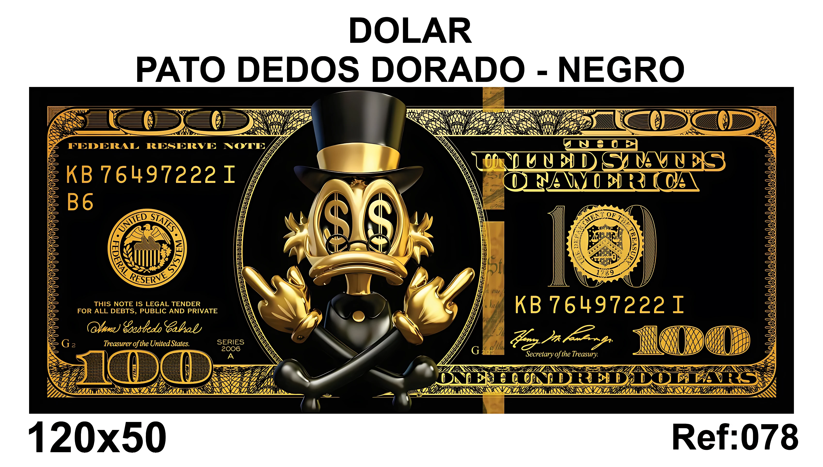 Cuadro decorativo con billete de dólar negro y pato dorado, detalles en oro y negro, medidas 120x50 cm.