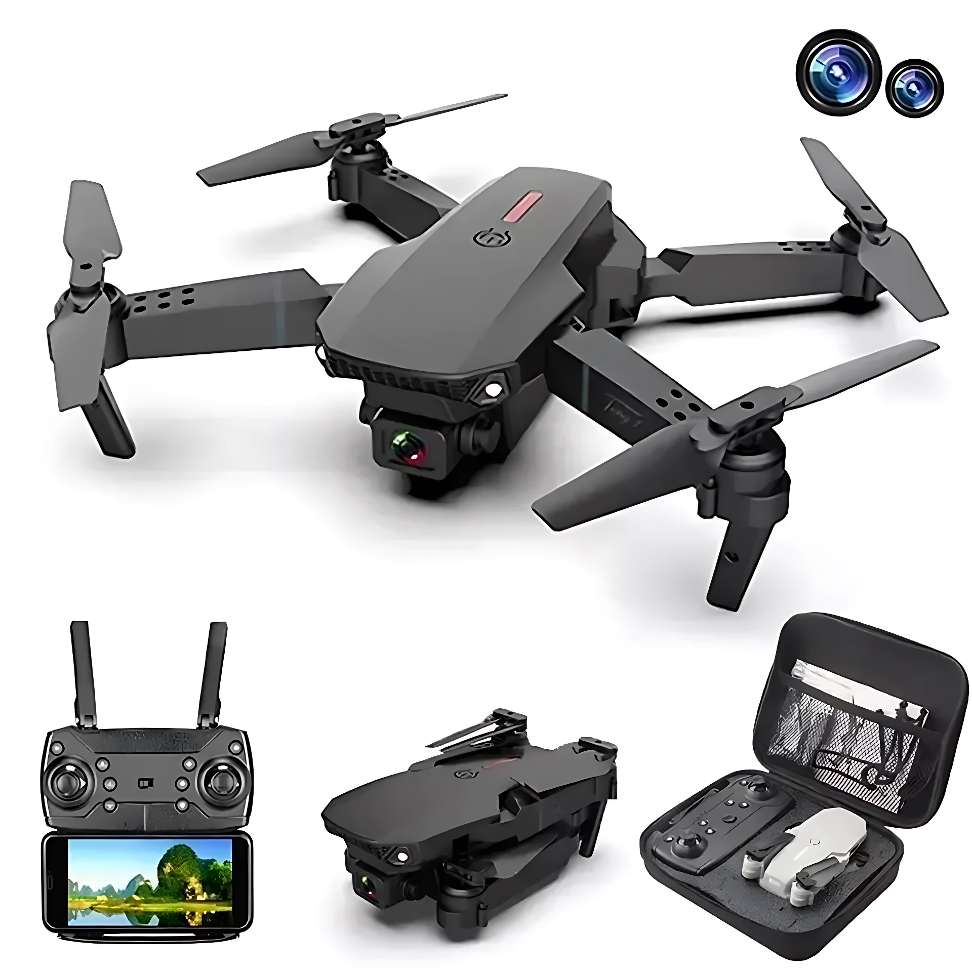 Drone plegable E88 Pro en color gris oscuro, con hélices desplegadas y cámara frontal visible. Incluye mando a distancia con pantalla, versión compacta plegada y estuche de transporte con accesorios organizados.