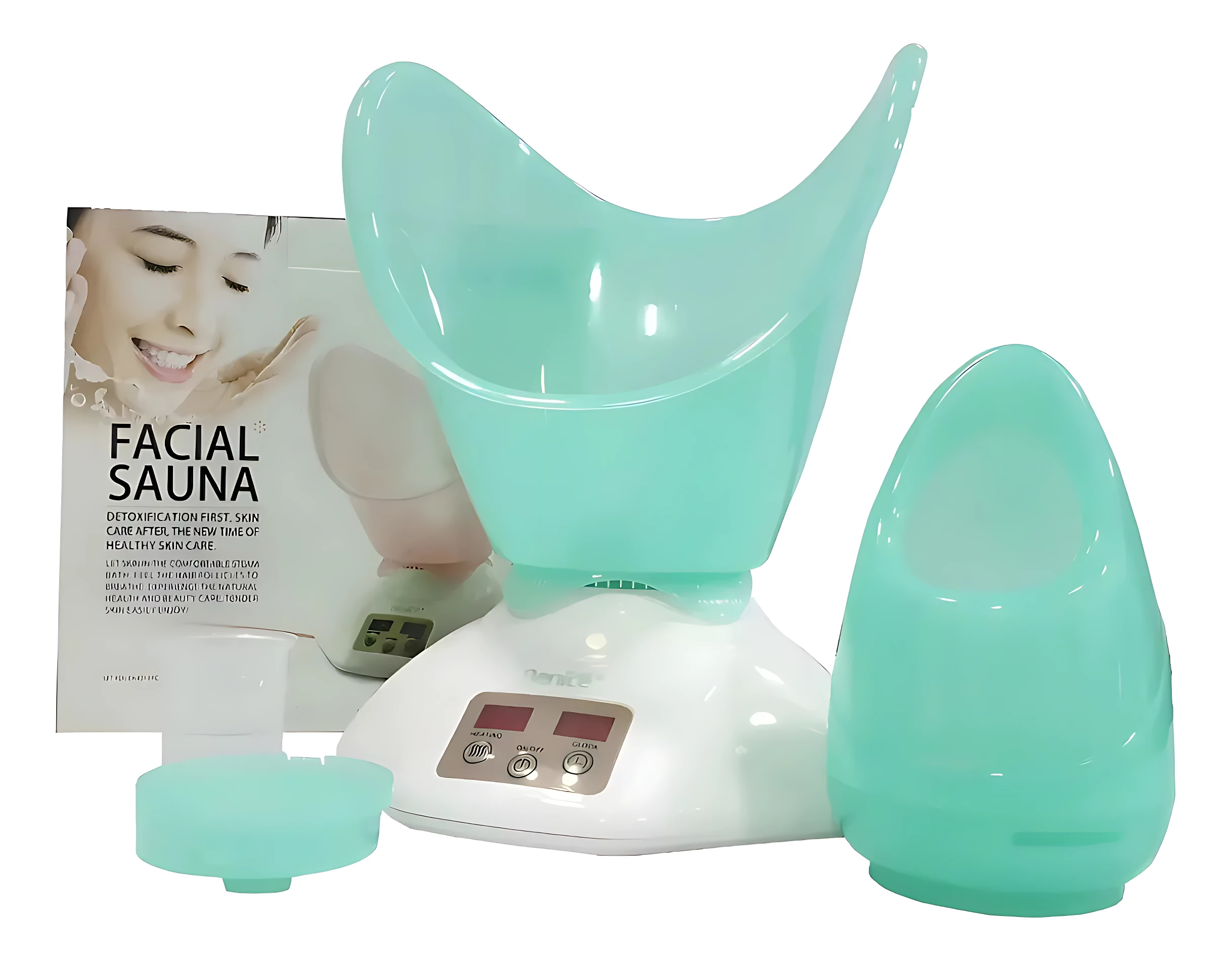 Vaporizador facial en color menta, con base blanca y panel digital, acompañado de su tapa y caja de presentación.