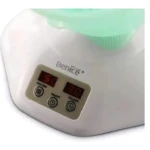 Vaporizador facial Benice en color blanco con panel de control digital mostrando temperatura de 50°C y temporizador de 30 minutos, con botones para encendido, modo de calor y color.