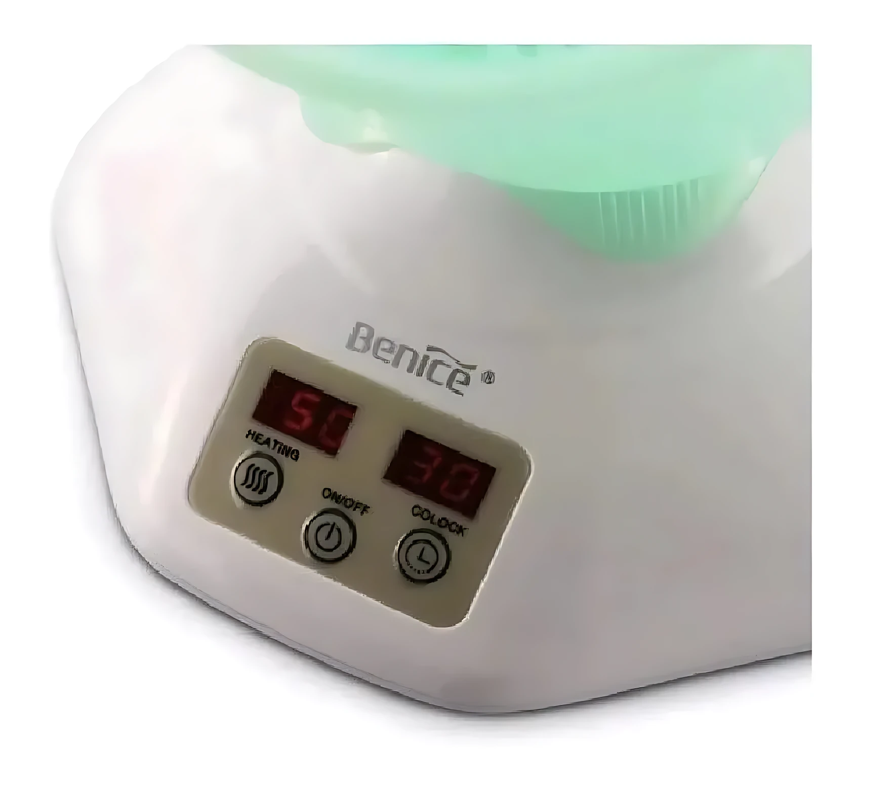 Vaporizador facial Benice en color blanco con panel de control digital mostrando temperatura de 50°C y temporizador de 30 minutos, con botones para encendido, modo de calor y color.