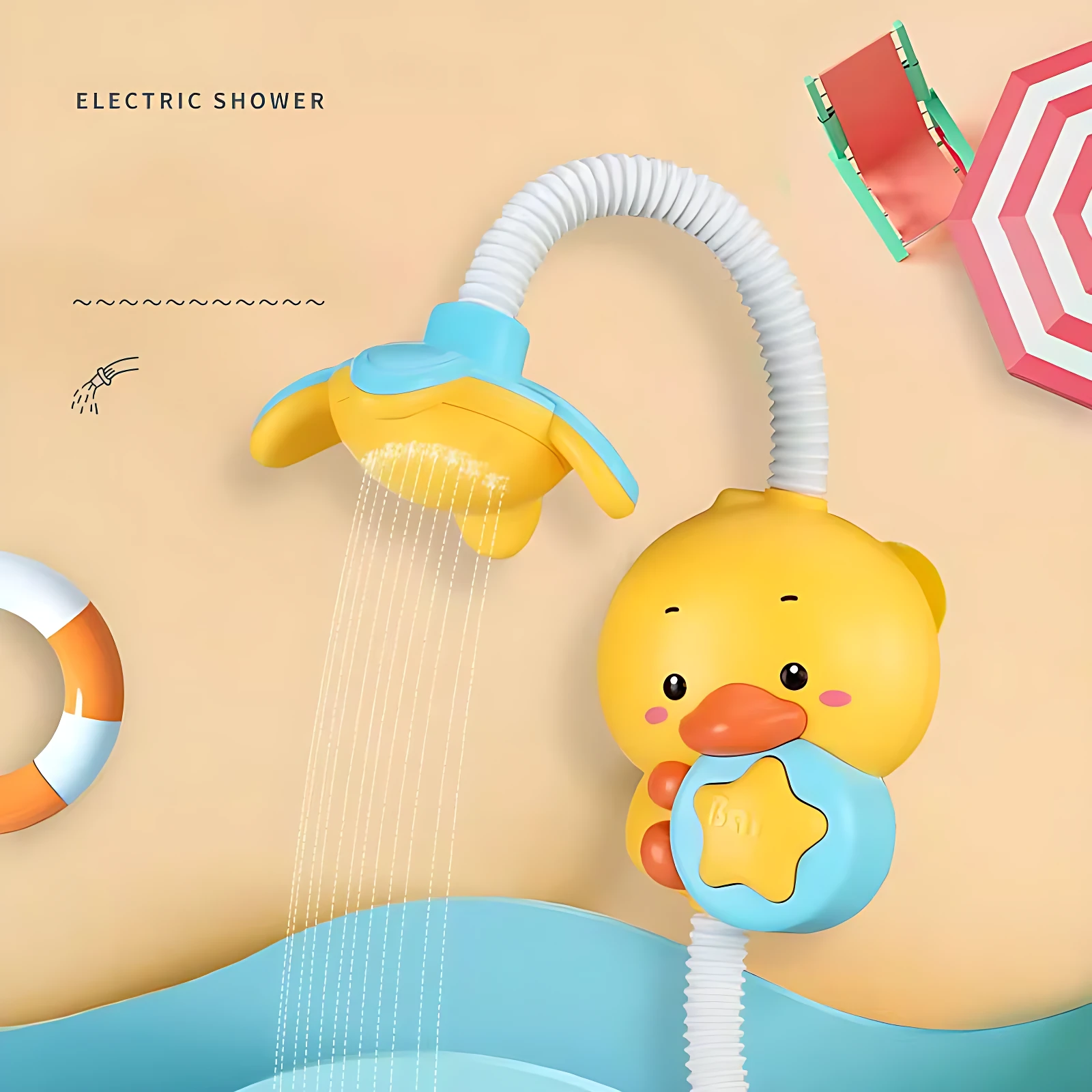 Ducha eléctrica de pato amarillo con bomba manual, flexo blanco y salida de agua en forma de flor azul; ideal para baño infantil.