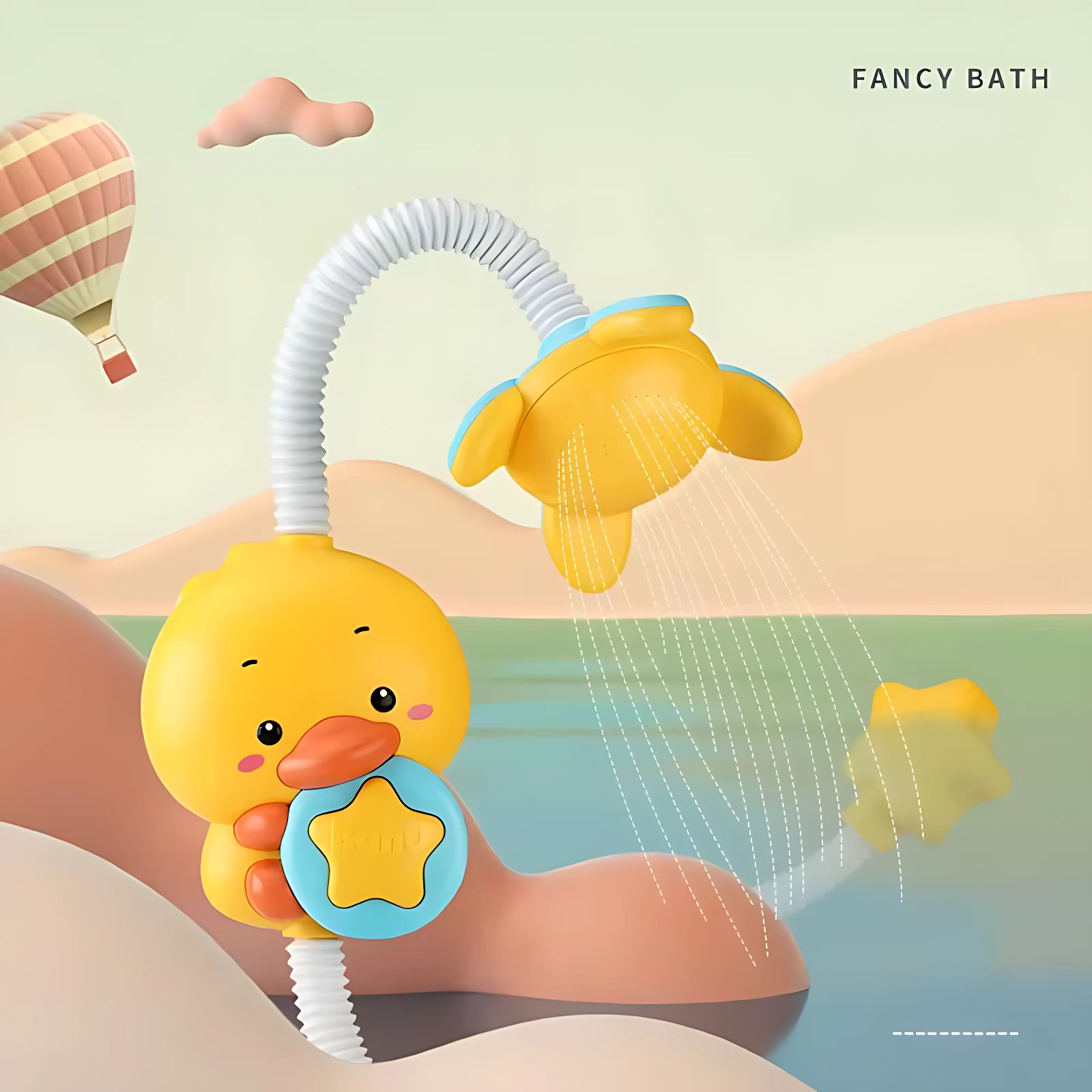 Ducha eléctrica de pato amarillo con bomba manual, chorro de agua suave y diseño infantil para baño seguro.
