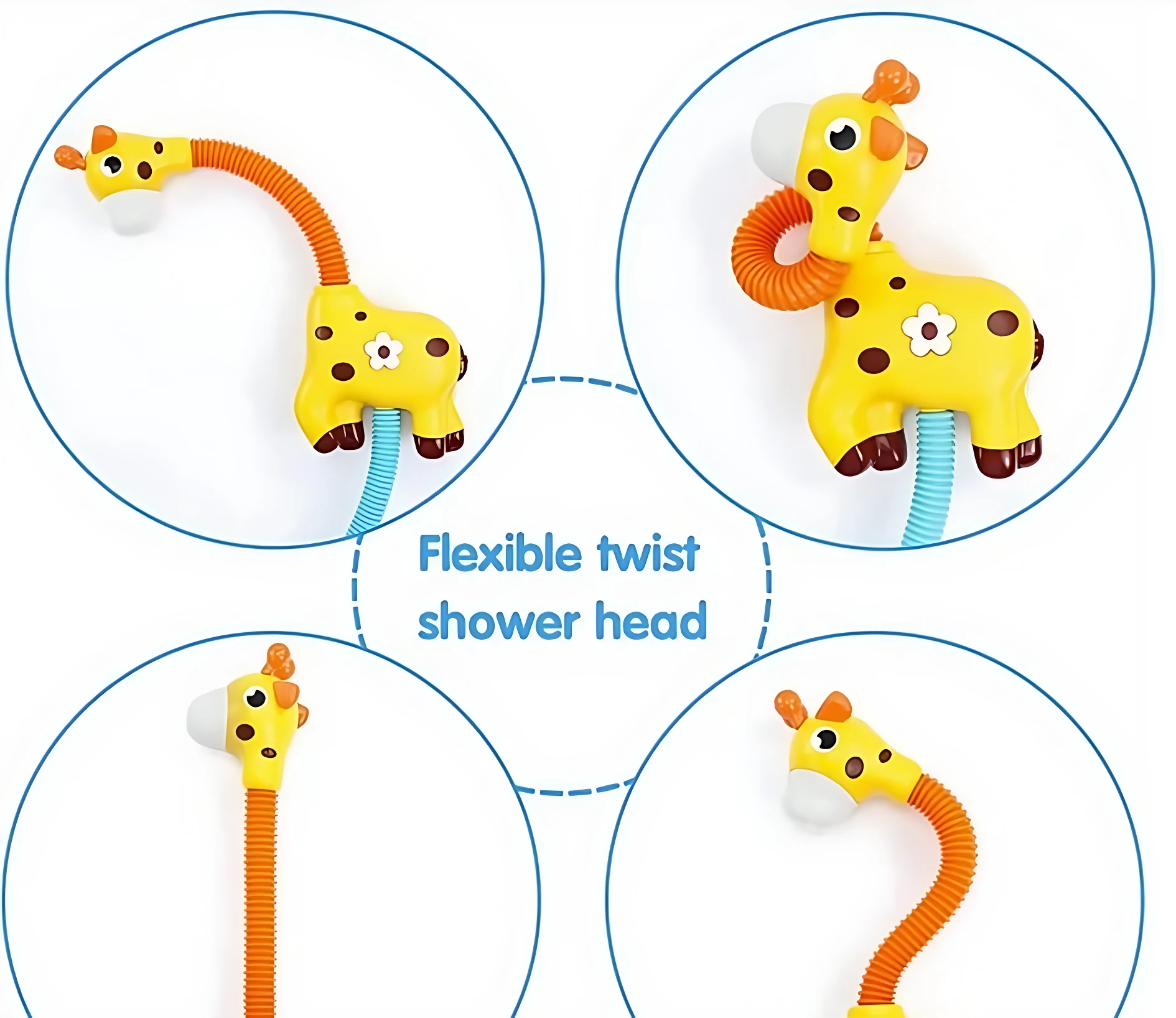 Ducha para bebé en forma de jirafa amarilla con cuello flexible naranja y ventosas, mostrando múltiples ángulos y uso con manguera azul.