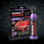 Pack de cera cerámica Shine Armor con botella spray y paño, sobre fondo oscuro con gotas de agua. Incluye caja con de auto rojo brillante y detalles de aplicación.
