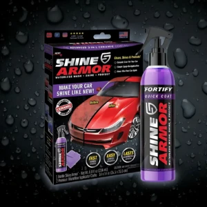 Pack de cera cerámica Shine Armor con botella spray y paño, sobre fondo oscuro con gotas de agua. Incluye caja con de auto rojo brillante y detalles de aplicación.