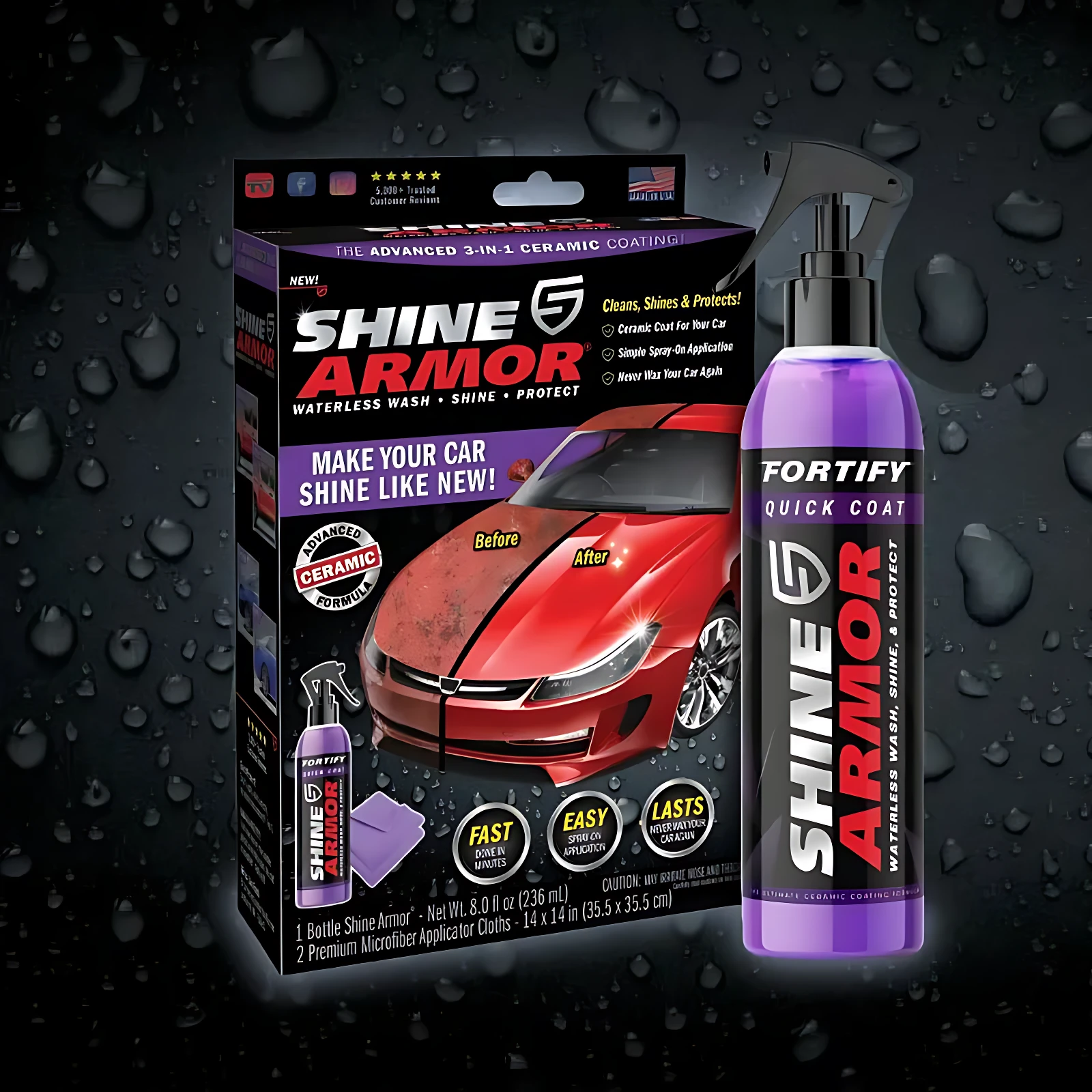 Pack de cera cerámica Shine Armor con botella spray y paño, sobre fondo oscuro con gotas de agua. Incluye caja con de auto rojo brillante y detalles de aplicación.
