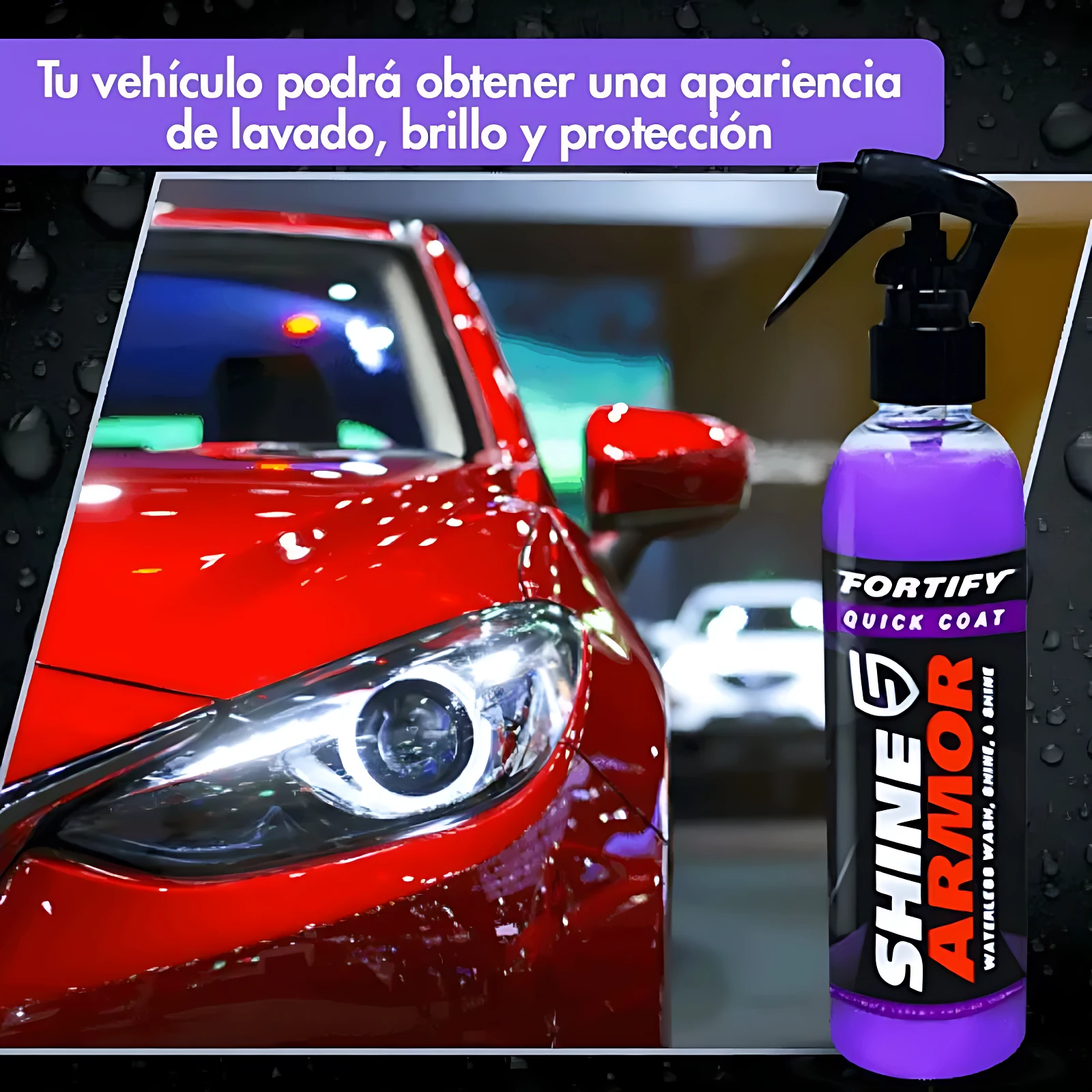 Botella de spray de Shine Armor con líquido violeta, junto a un auto rojo brillante, mostrando acabado protector y brillo intenso.