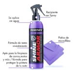 Botella spray de 500 ml de Shine Armor Quick Coat en color morado, con paños de microfibra púrpura al lado. Fórmula de nano revestimiento para proteger pintura de autos, motos y barcos sin agua.