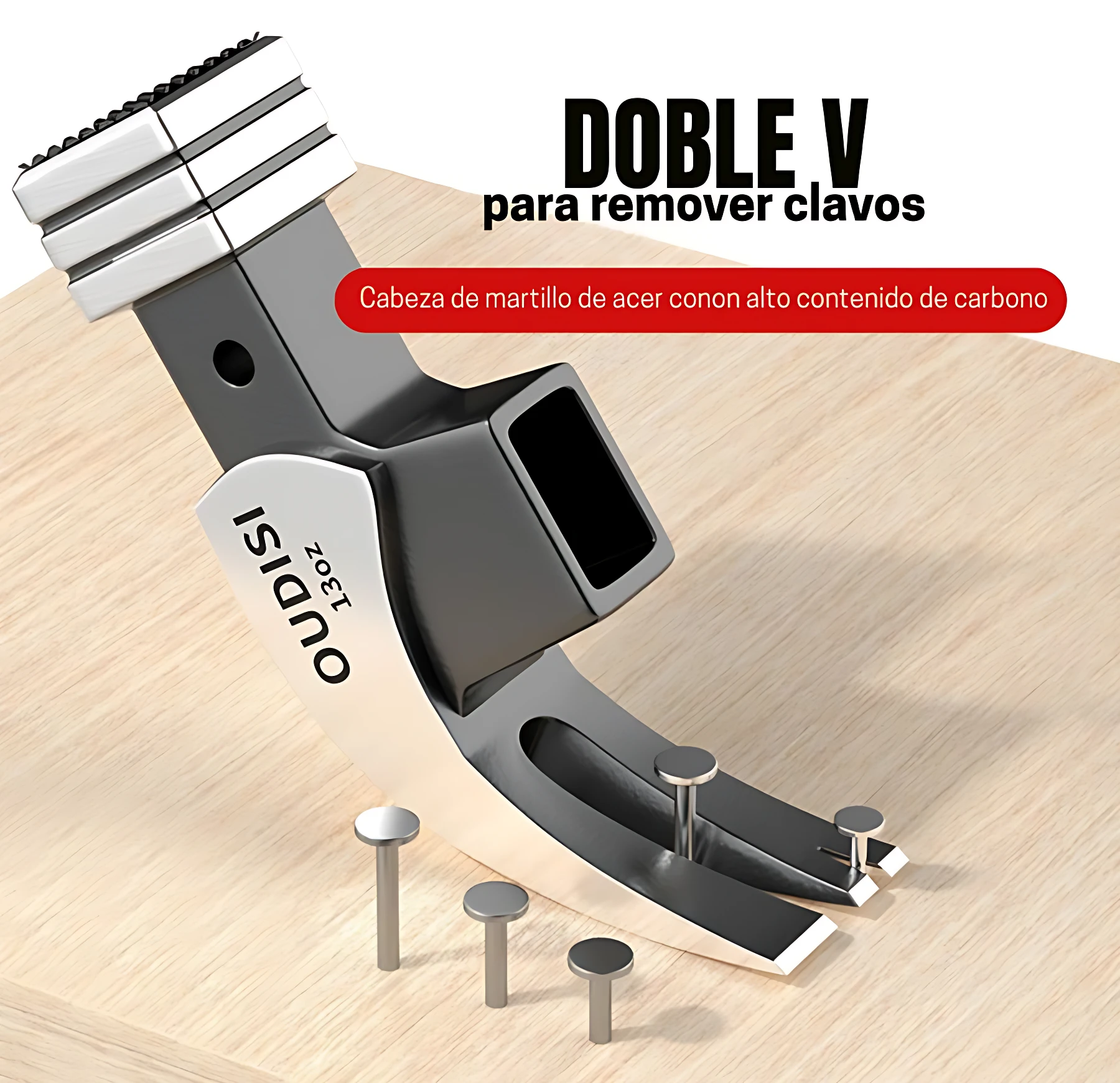Cabezal de martillo magnético doble V en acero con alto contenido de carbono, diseñado para extraer clavos sin dañar la madera.
