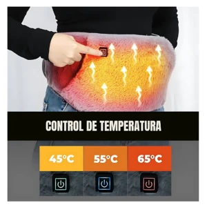 Faja térmica de color naranja con textura suave, mostrando control de temperatura en tres niveles: 45°C, 55°C y 65°C. Se usa en la cintura para aliviar dolor lumbar o cólicos.