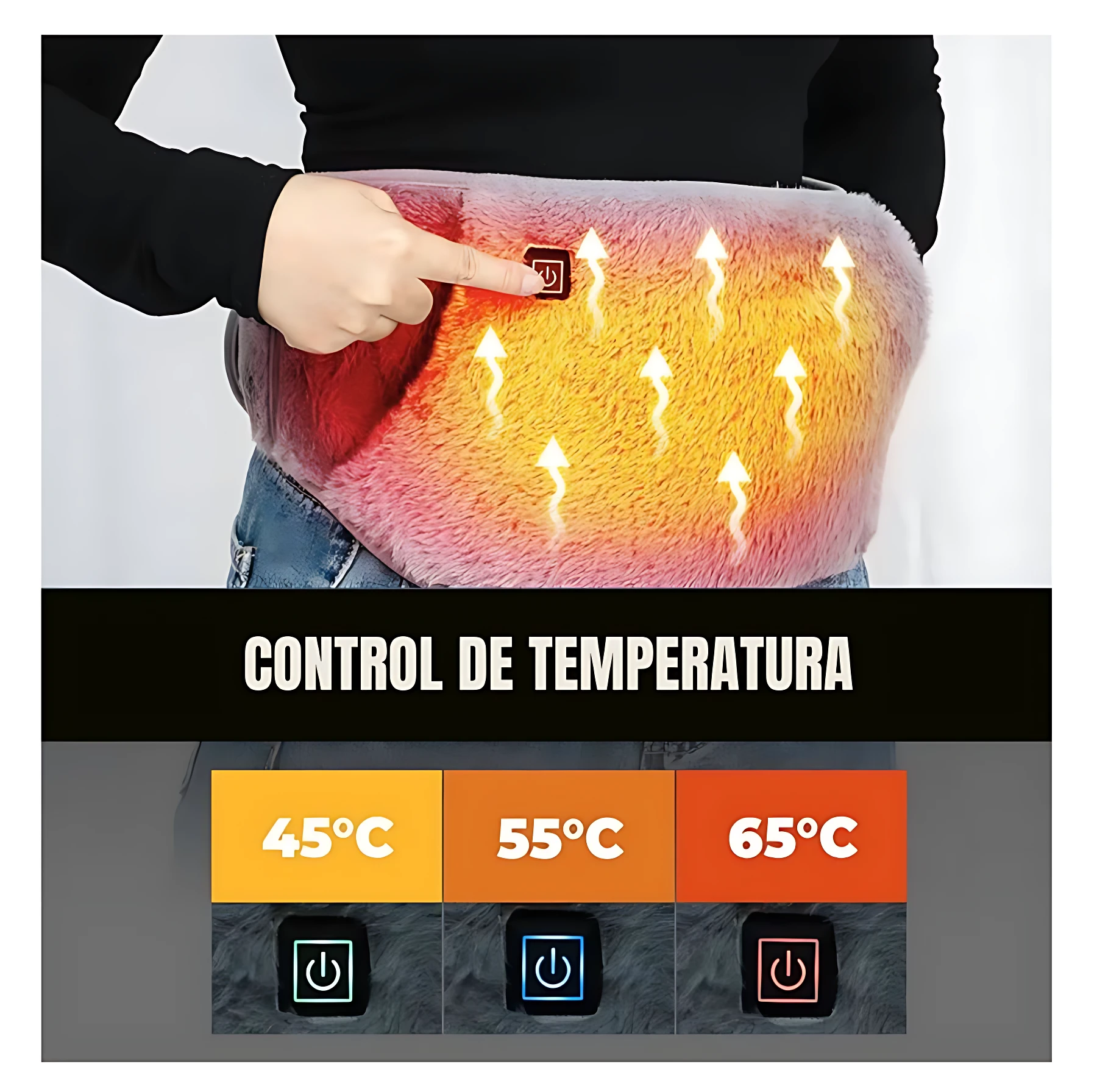 Faja térmica de color naranja con textura suave, mostrando control de temperatura en tres niveles: 45°C, 55°C y 65°C. Se usa en la cintura para aliviar dolor lumbar o cólicos.