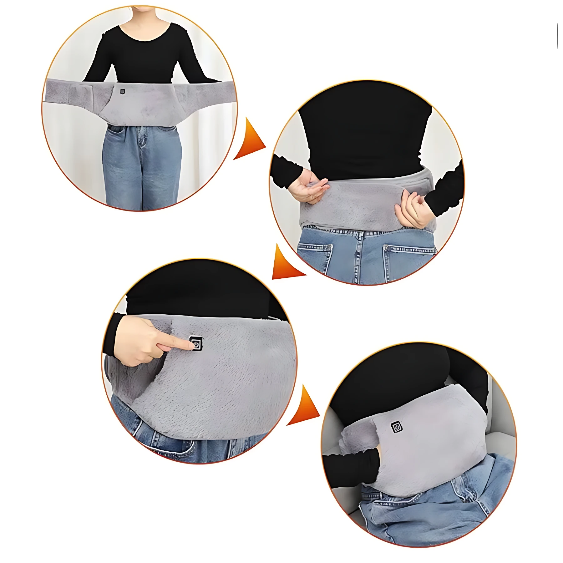 Faja térmica gris con control de temperatura, vista frontal y lateral, mostrando ajuste en cintura y textura suave. Incluye botón regulador visible.