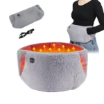 Faja térmica gris con control de temperatura, mostrando interior iluminado en naranja y accesorios incluidos.