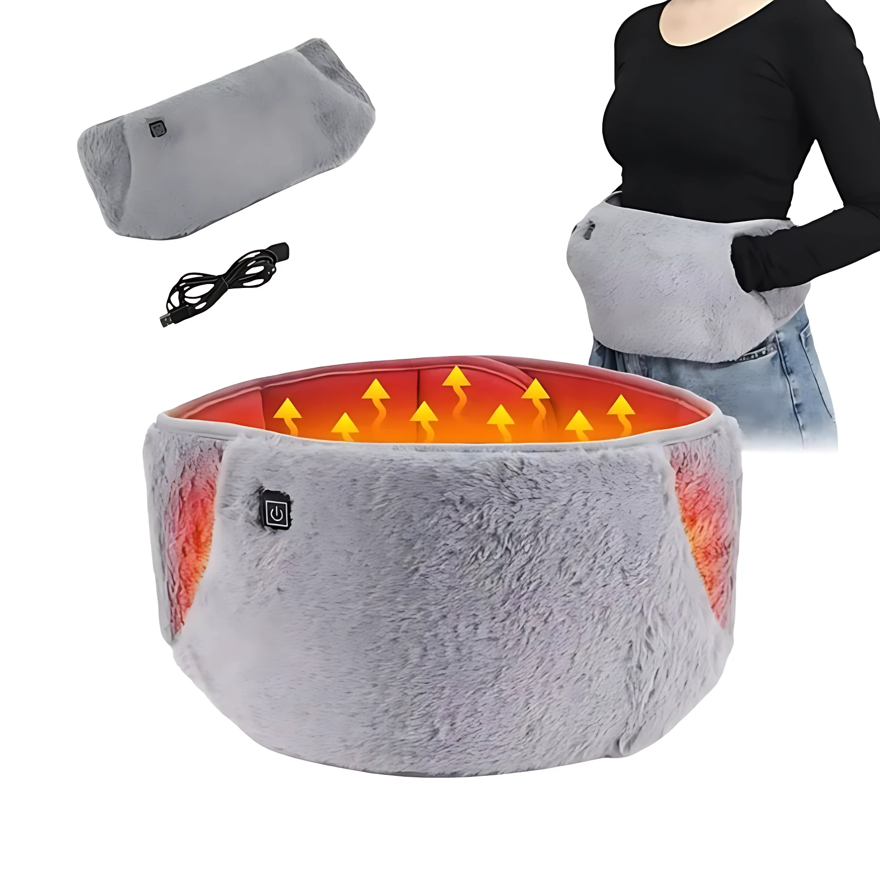 Faja térmica gris con control de temperatura, mostrando interior iluminado en naranja y accesorios incluidos.
