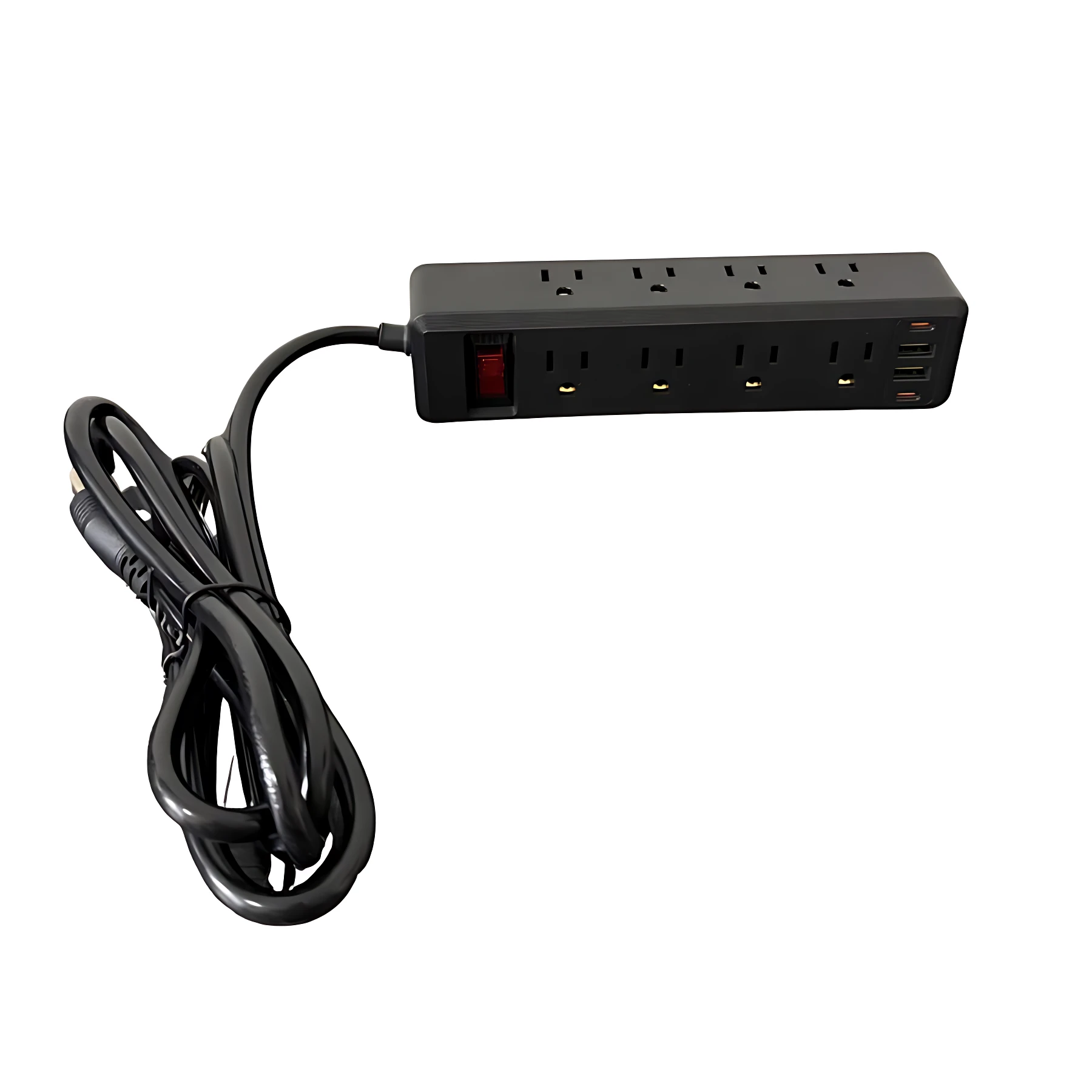 Regleta eléctrica negra con cuatro enchufes, dos puertos USB y cable enrollado, ideal para organizar múltiples dispositivos en un solo lugar.