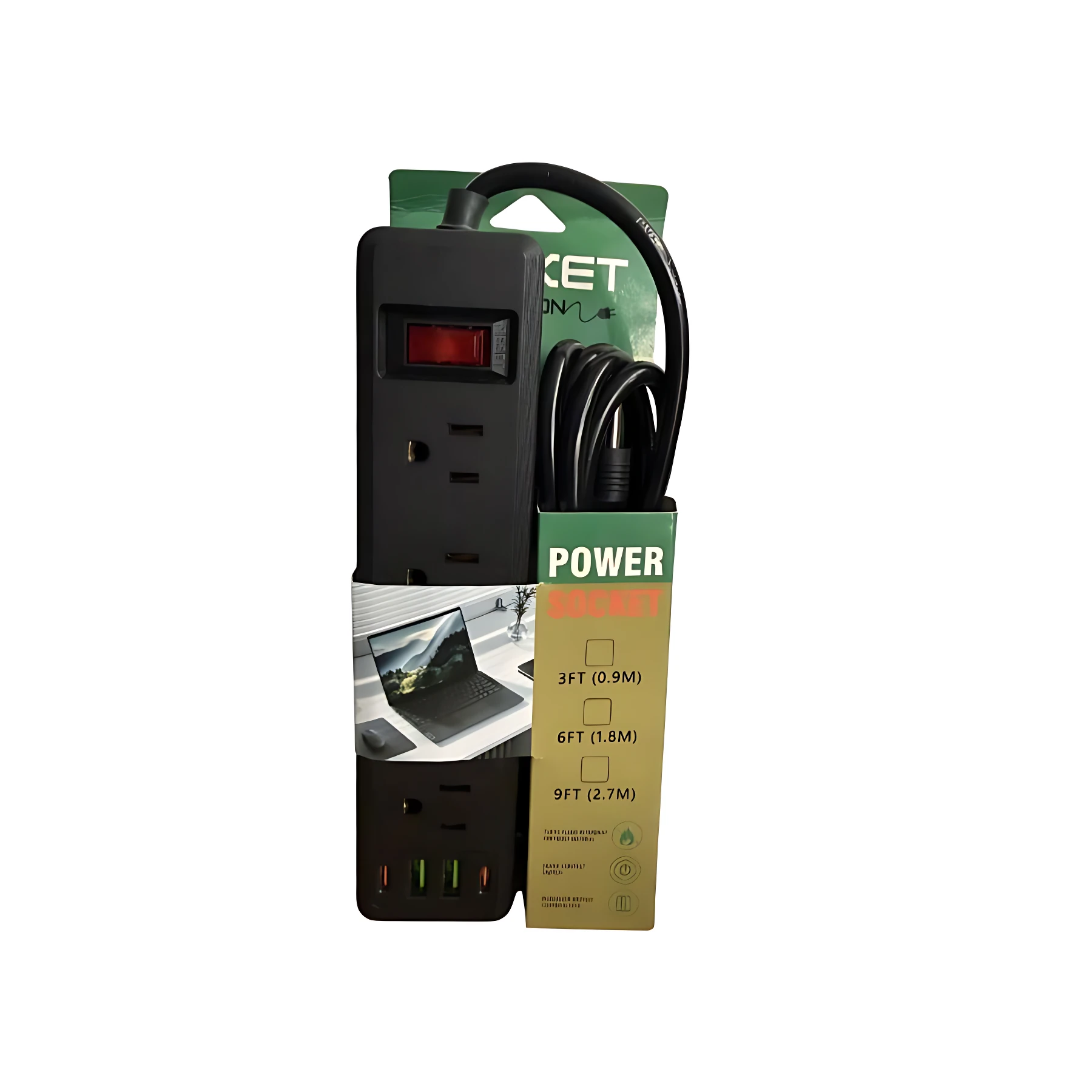 Regleta eléctrica negra con interruptor rojo, cable enrollado y puertos USB visibles, presentada en empaque con opciones de longitud 3, 6 y 9 pies.